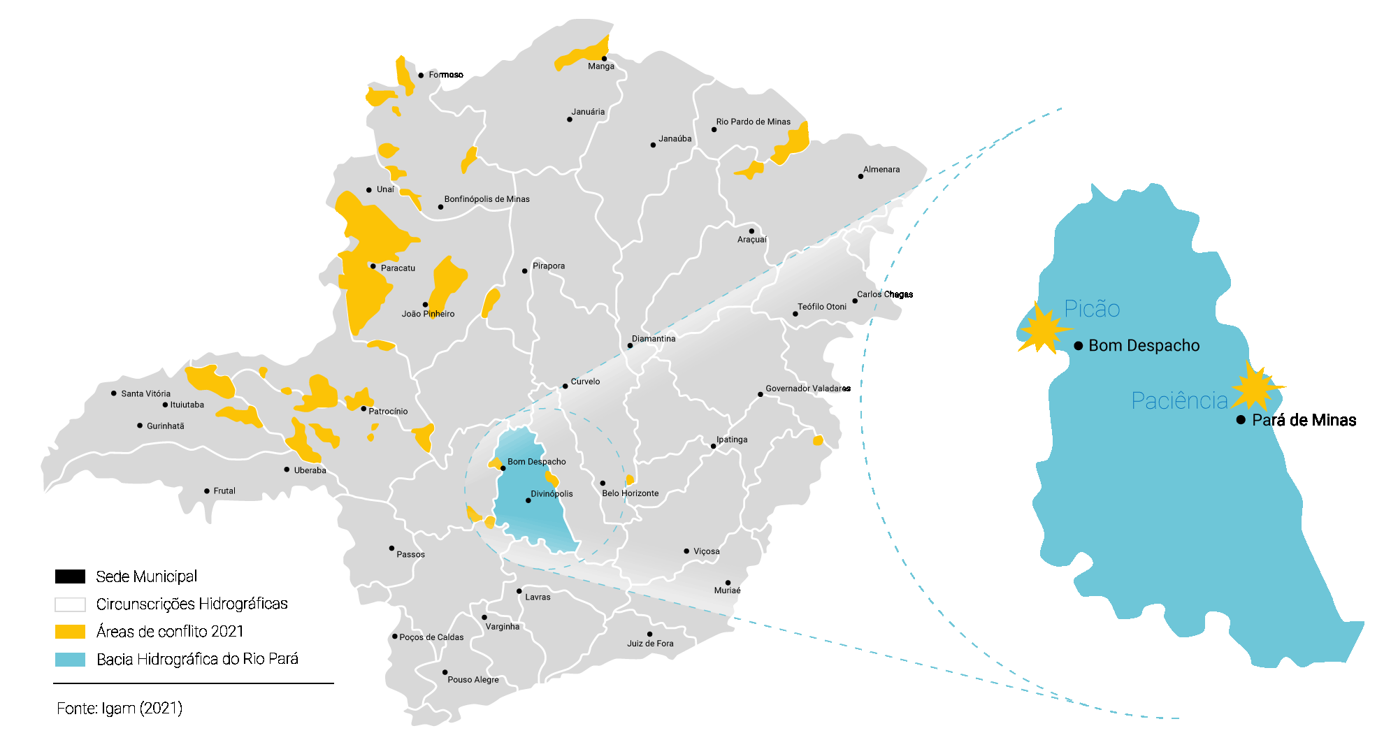 Mapa: Áreas de Conflito Declaradas em Minas Gerais e na bacia do Rio Pará
